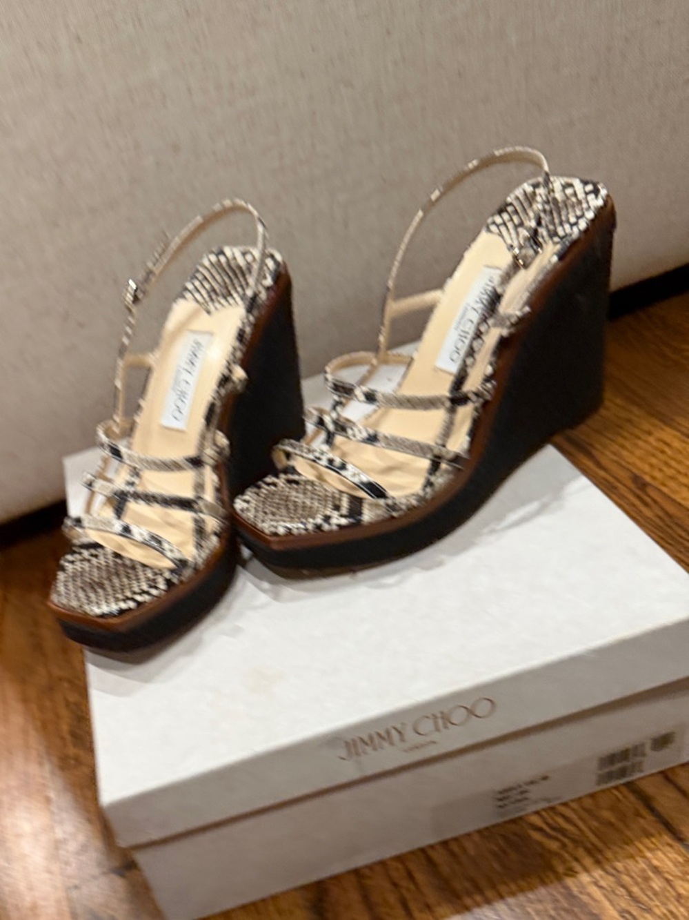 Jimmy Choo Black and Beige Snake-Print Wedge Sandals